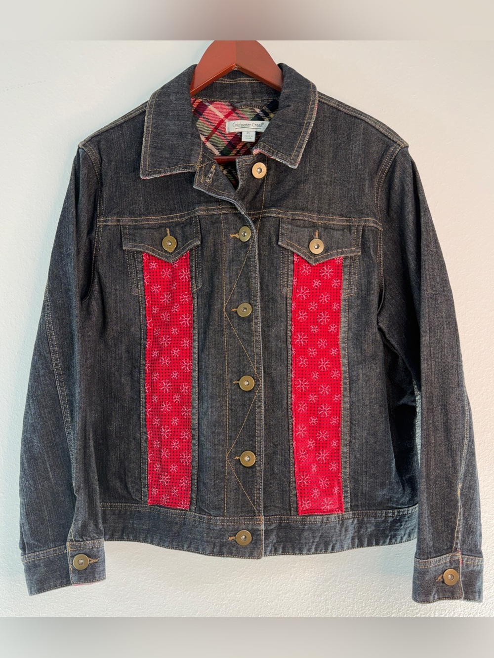 VTG Y2K Coldwater Creek Darkwash Denim Jacket Boho Patchwork Embroidered PL